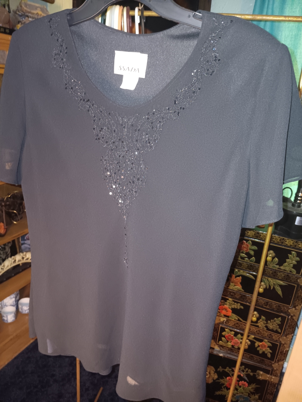 Ada Black Short-Sleeve Beaded V-Neck Blouse